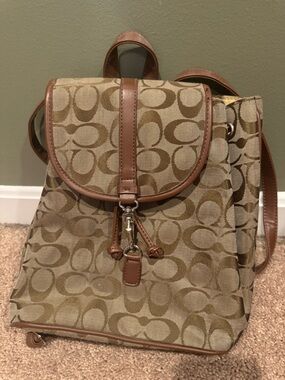 Coach Khaki Canvas Signature Backpack with Brown Leather Trim